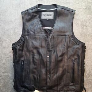 UNIK Leather Vest Mens 2XL Black Biker Motorcycle Side Lace Zip Pockets